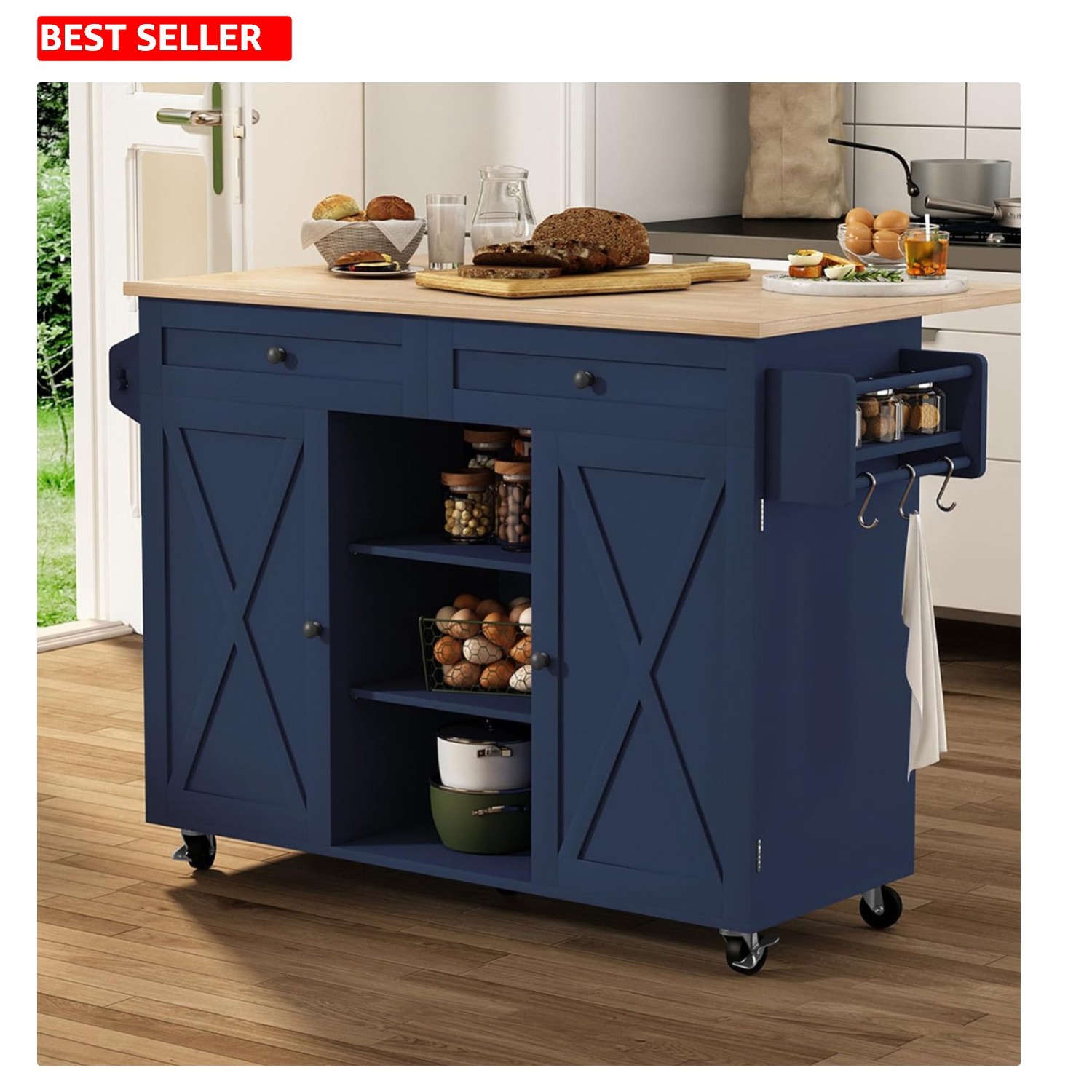 Kitchen Island On Wheels, Blue Rolling Cart with Solid Wood Drop Leaf Prep
