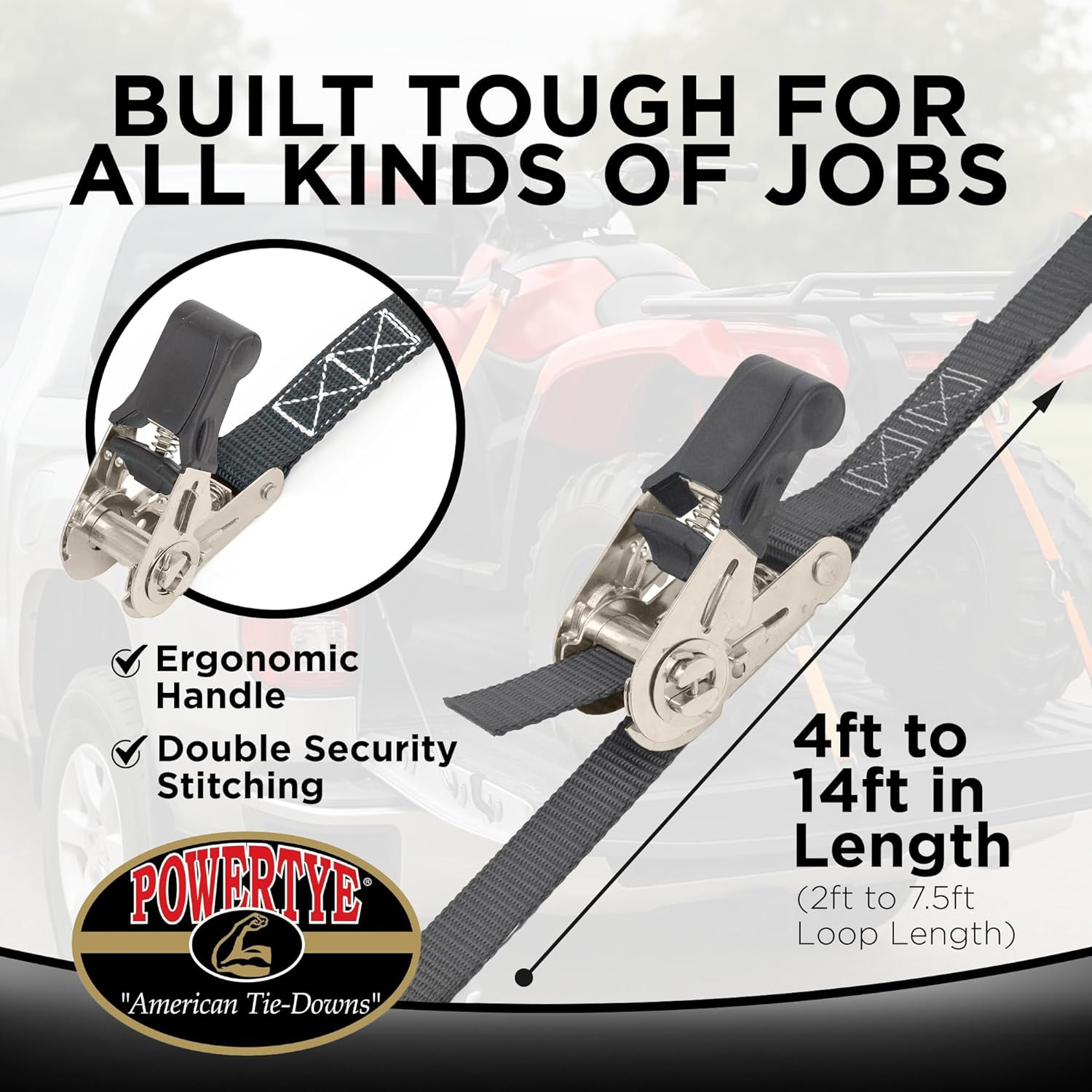 Powertye - Endless Ratchet Strap - 1In X 4Ft Easy Grip (Hookless), Tie down Stra