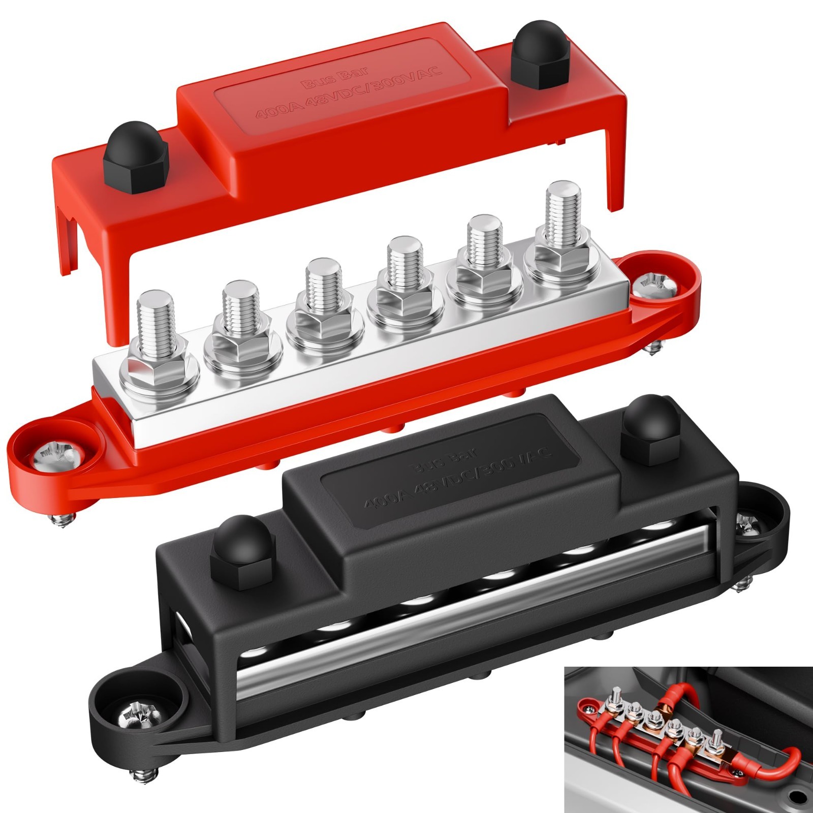 400A 12V Power Distribution Block, 6 Studs, Marine Bus Bar, Copper Terminal for