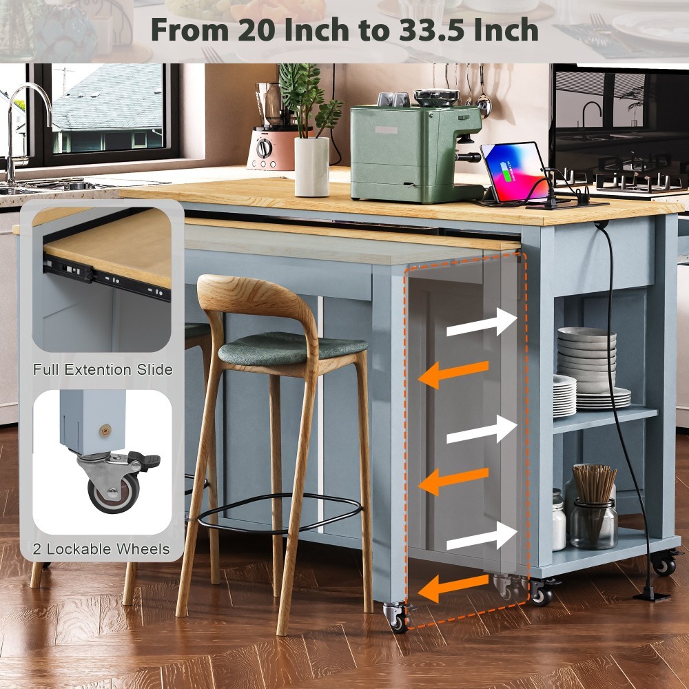 47-inch Kitchen Island w/ Extendable Table, Storage, Outlet - Grey Blue