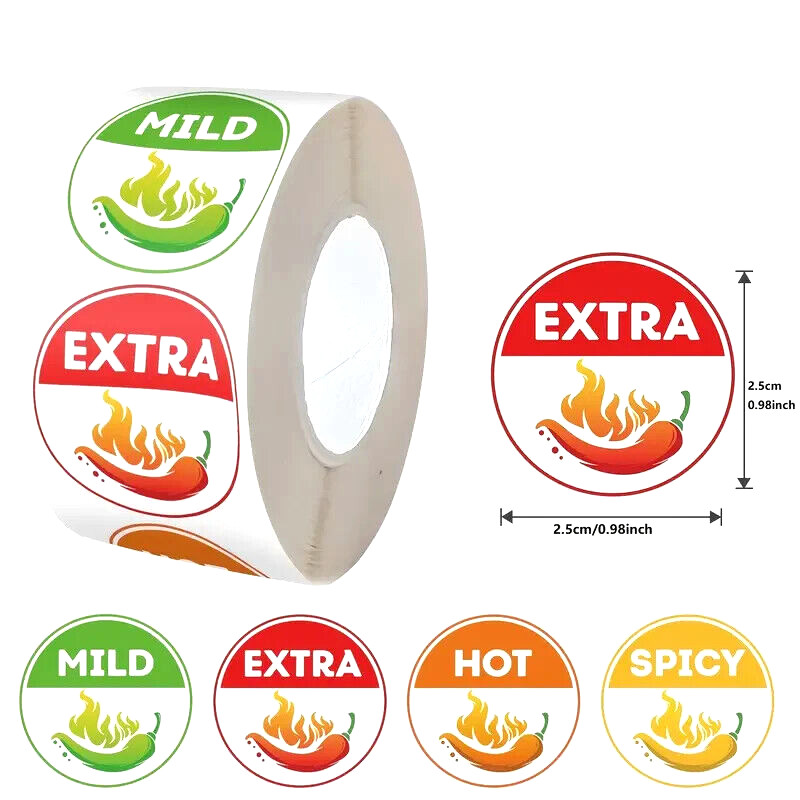 ⭐ROLL OF 500⭐ HOT SPICY MILD EXTRA FOOD LEVEL LABELS STICKERS DECALS PEPPERS ETC