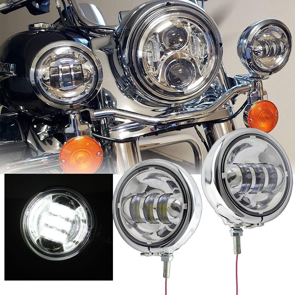 Pair 4.5" LED Auxiliary Spot Fog Passing Lights & Lamp Housing Bucket For Harley