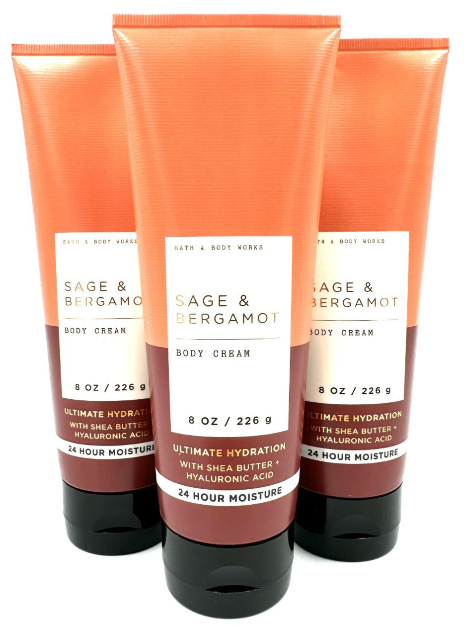NEW Bath & Body Works Lot of 3 Tubes Sage Bergamot Body Cream Lotion Men's 8 oz