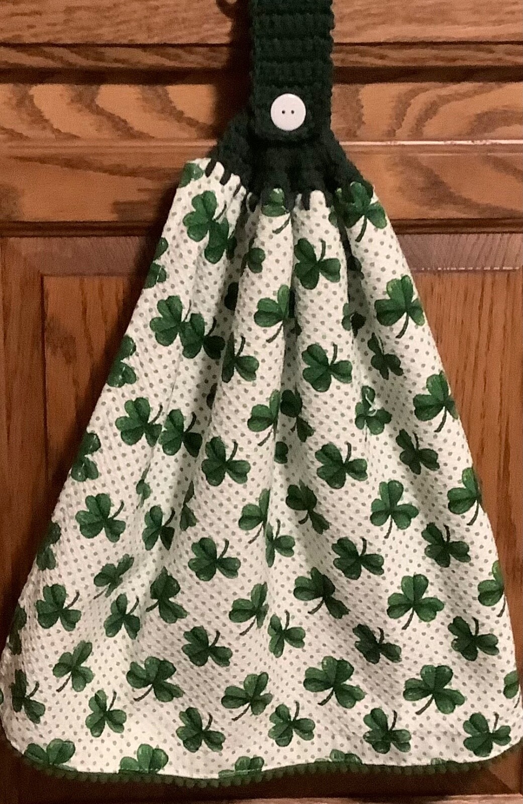 Double  hanging kitchen towel St.Pat’s shamrocks dots crocheted Green top