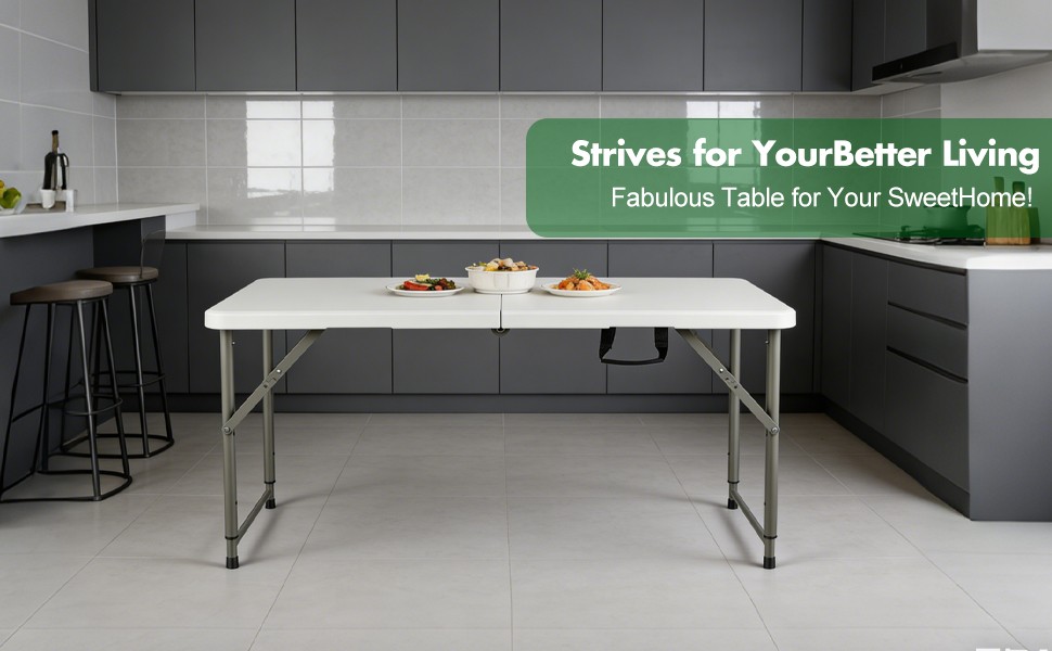 Folding Table Adjustable 4FT Plastic Table Picnic Camping w/Carry Handle White