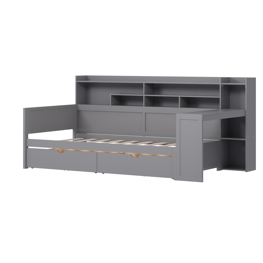 Twin Daybed w/ Storage & Desk, Wood Frame, Gray - Space Saving Design