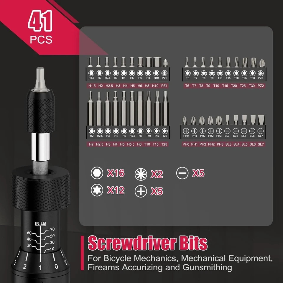 Torque Screwdriver Set 10-60 in-lb, Adjustable Inch-Pound Torque Driver Kit Red