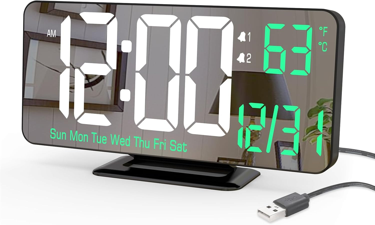 KOSUMOSU Desk Clock 6.7In Black Digital Alarm Clock with Dual Alarm, Dimming, Da