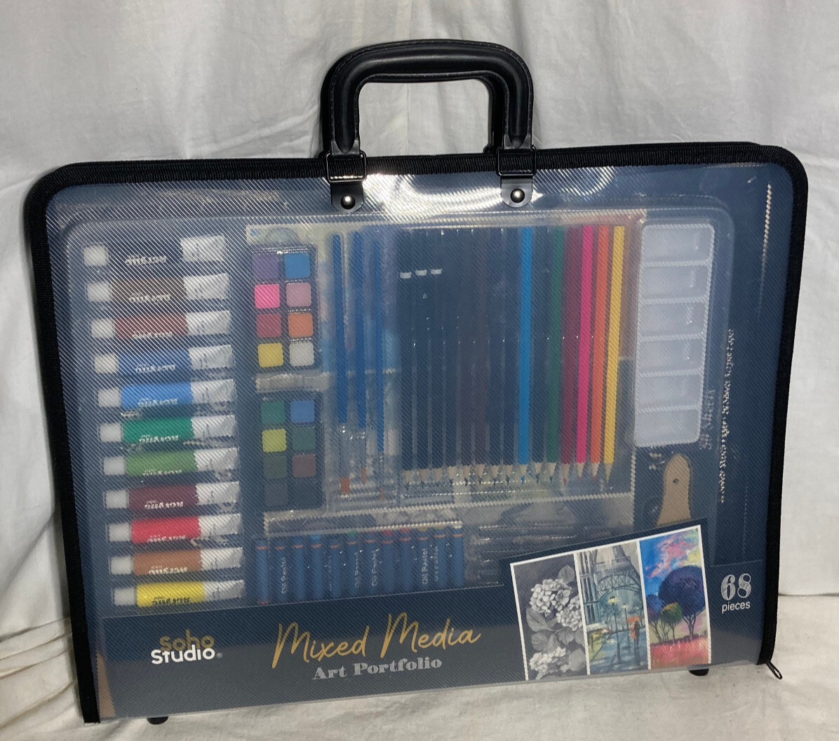 Soho Studio Mixed Media Art Portfolio Paint Pastels Pencils Carry Case.  68 pc