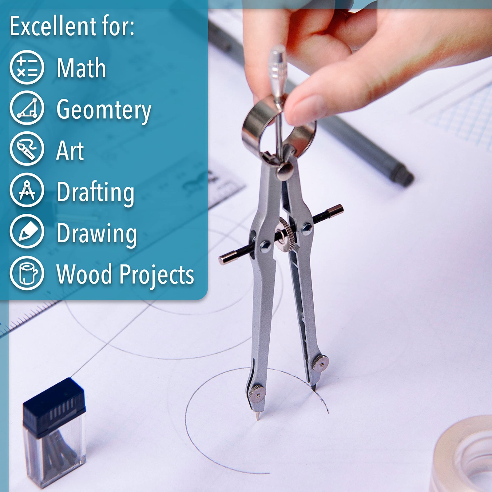 Mr. Pen- Professional Compass for Geometry, Extra Lead, Metal Compass, Silver