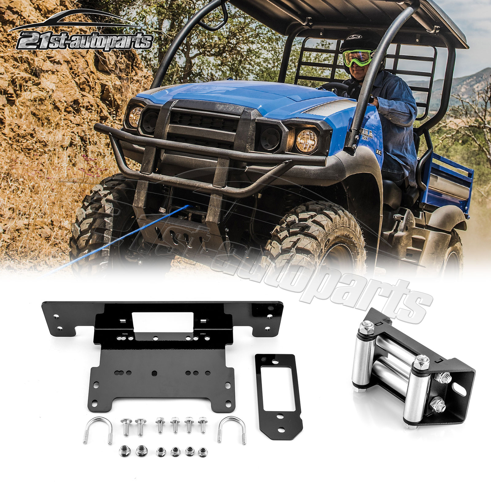 UTV Winch Mount Bracket+4 7/8'' Roller Fairlead For Kawasaki Mule SX 2017-2026