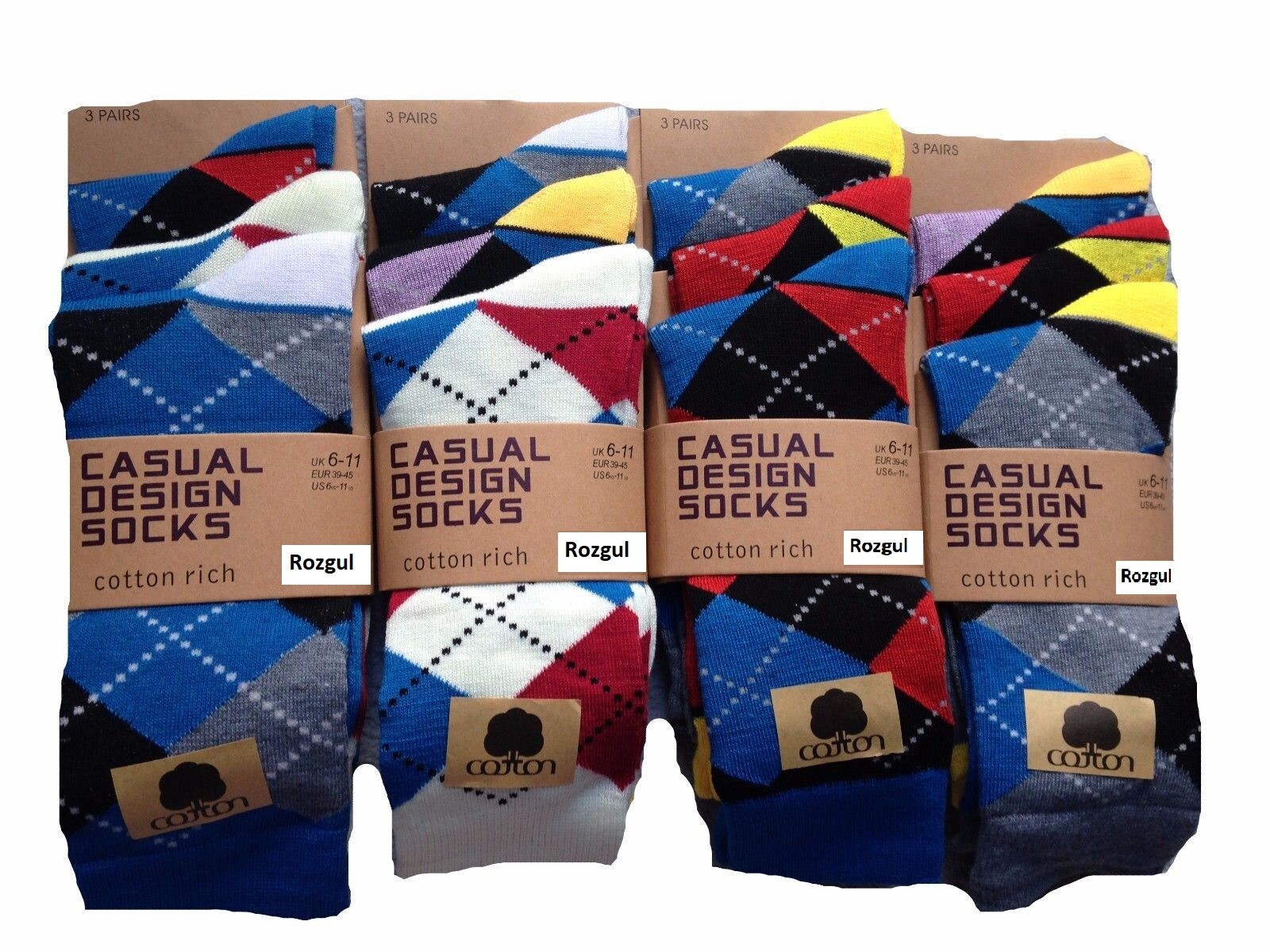 12 Pairs Men's Bright Argyle Diamond Cotton Rich Lycra Design Socks UK Wholesale