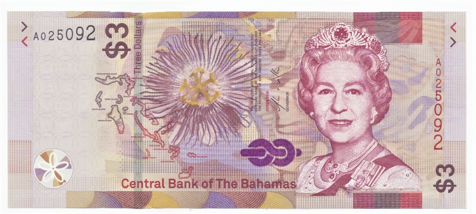Bahamas	3 Dollars 2019 UNC Banknote Queen Elizabeth II As Pictured