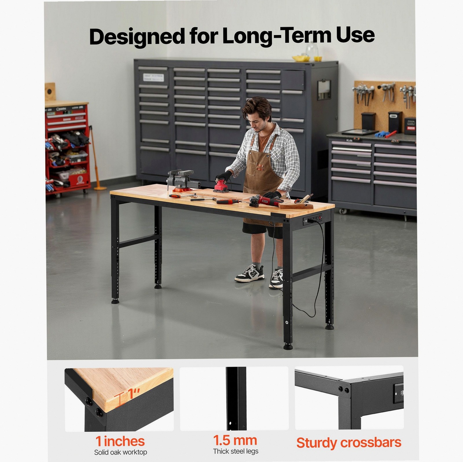 Garage Workbench, 61x20in, 2000lb, 4AC/2USB