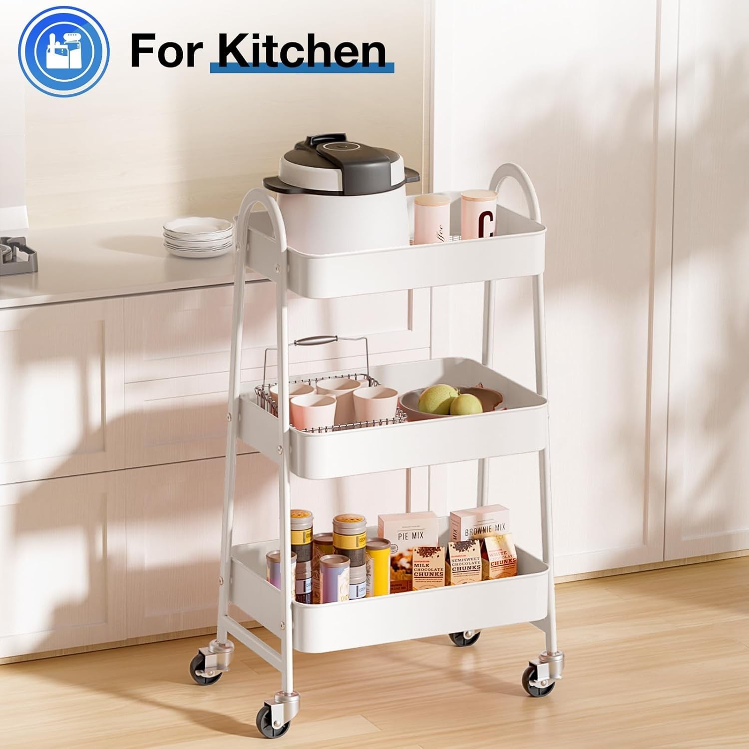 Rolling Storage Cart with Lockable Wheels Metal Utility Organizer Shelf White