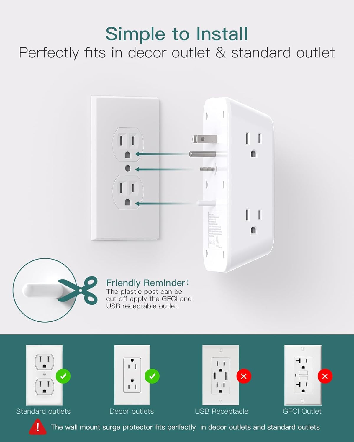 Addtam Surge Protector Outlet Extender, 6-Outlet Splitter with 4 USB Wall Charge