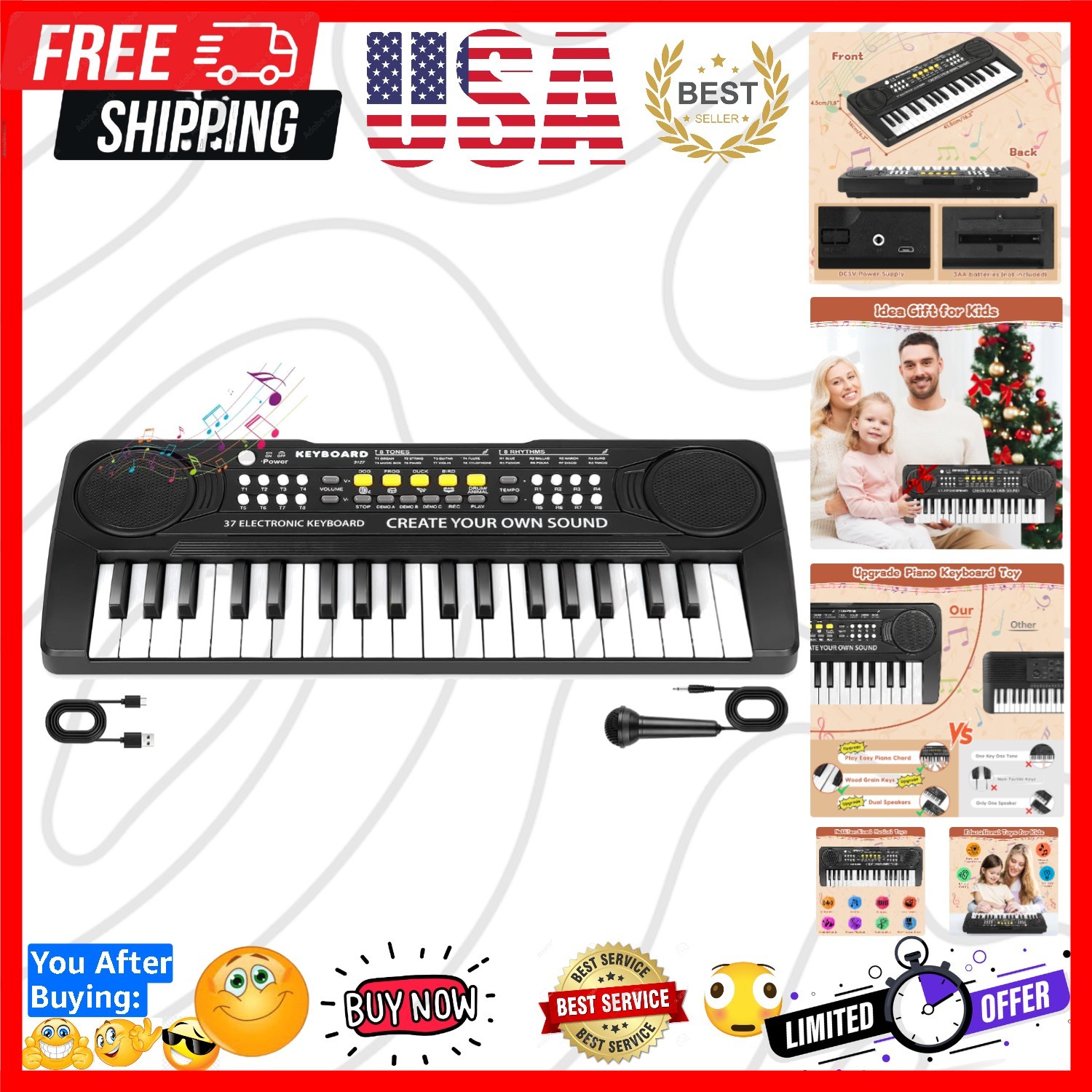 37 Key Upgrade Piano Keyboard for Kids Musical Toys for 3 4 5 6  Old Girls Ke...