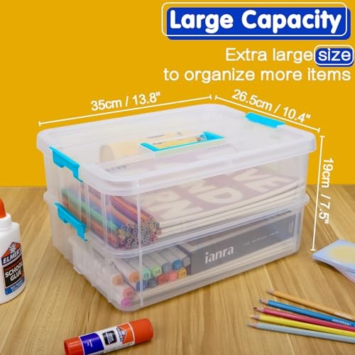 2 Layer Plastic Storage Containers with Lids, Multipurpose Clear Stack & Blue