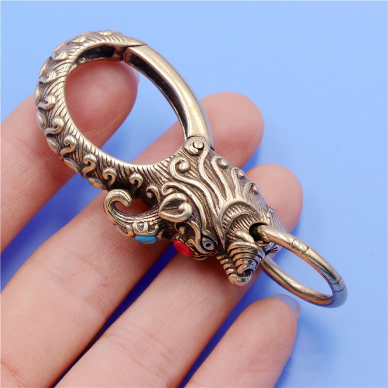 2Pcs Solid Brass Dragon Keychains Keyrings Bag Wallet Snap Hook Clasps Belt Clip