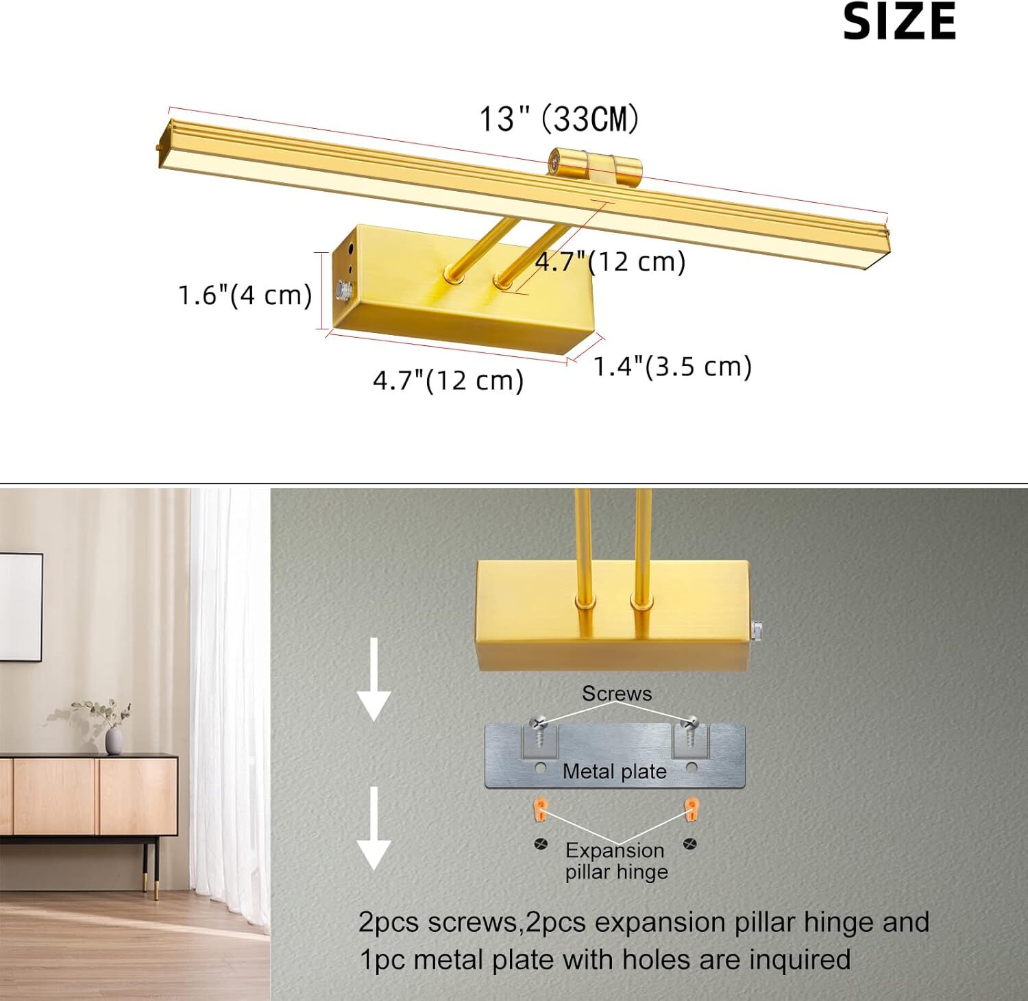 FUNCHDAY Wierelss Picture Light, 13inch Light Battery 13", Brass