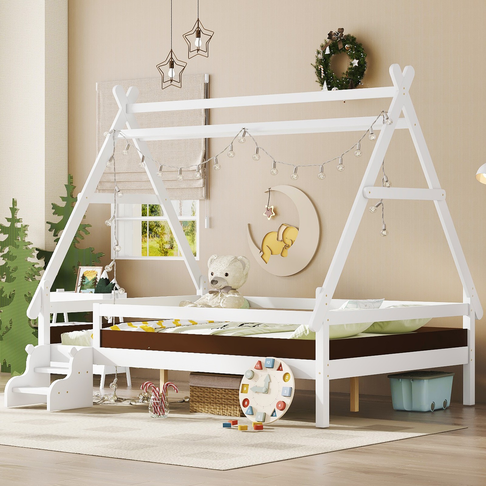 Full House Platform Bed with Stairs, Solid Wood Frame, White