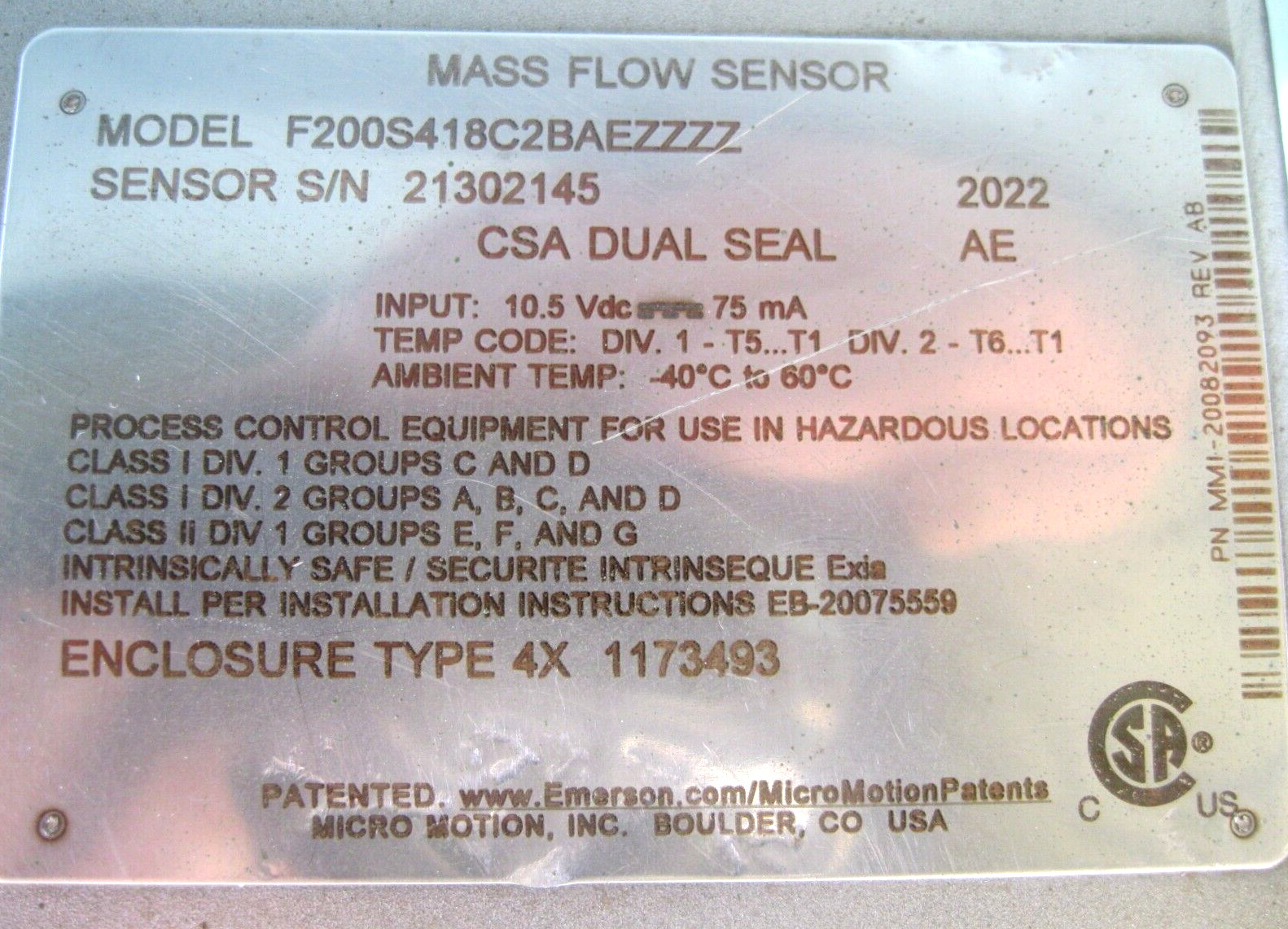 2" 150# Micro Motion F200 Flow Sensor 800 Enhanced Core Processor 2022 CAL D14