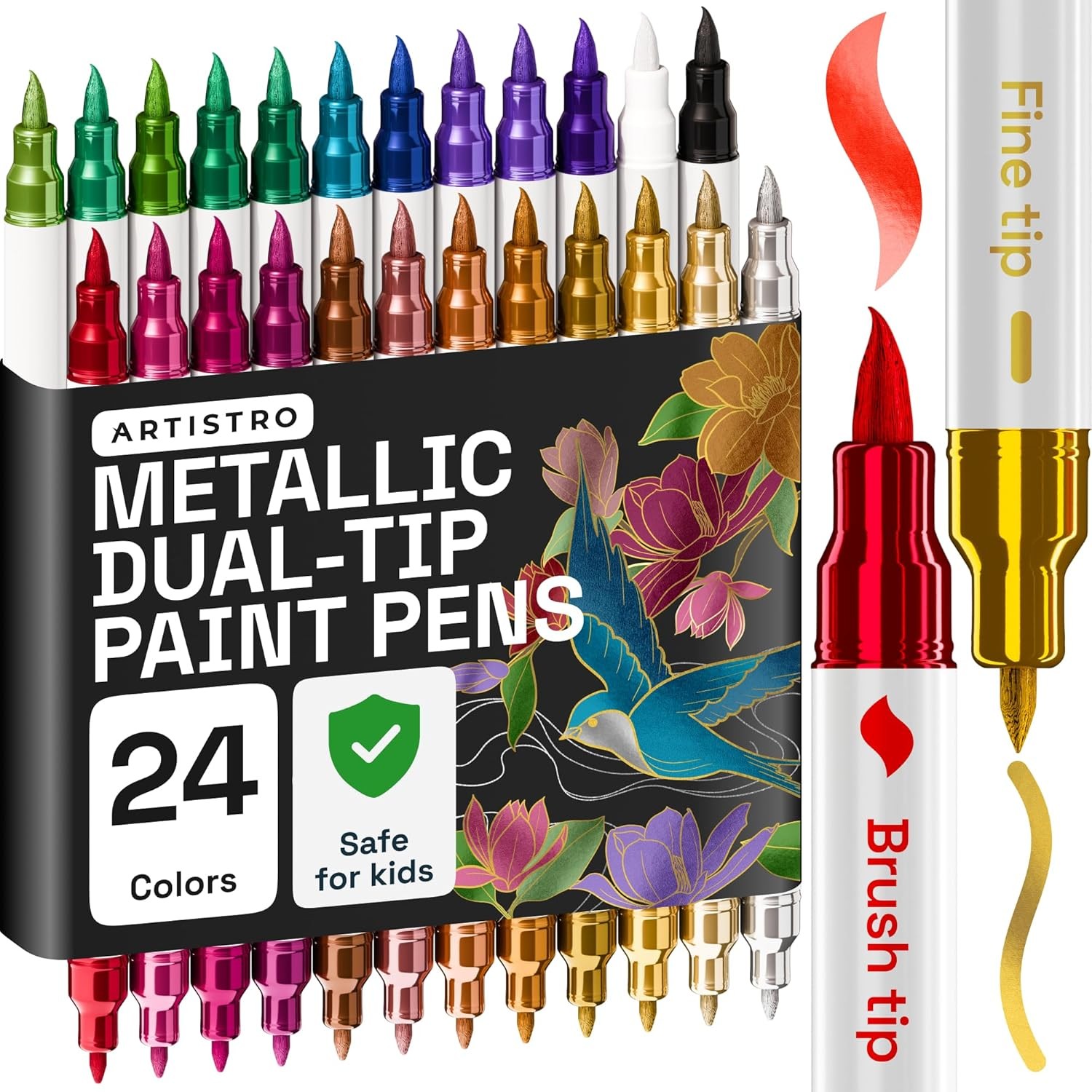 24 Metallic Acrylic Paint Markers - Paint Pens for Drawing, Brush + Fine Tips