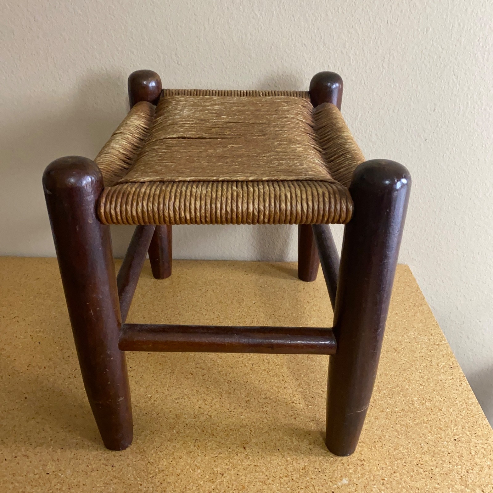 VTG Wood Rope Rush Twine Foot Stool Hand Woven Seat Ottoman Rustic 12 X 14 X 9