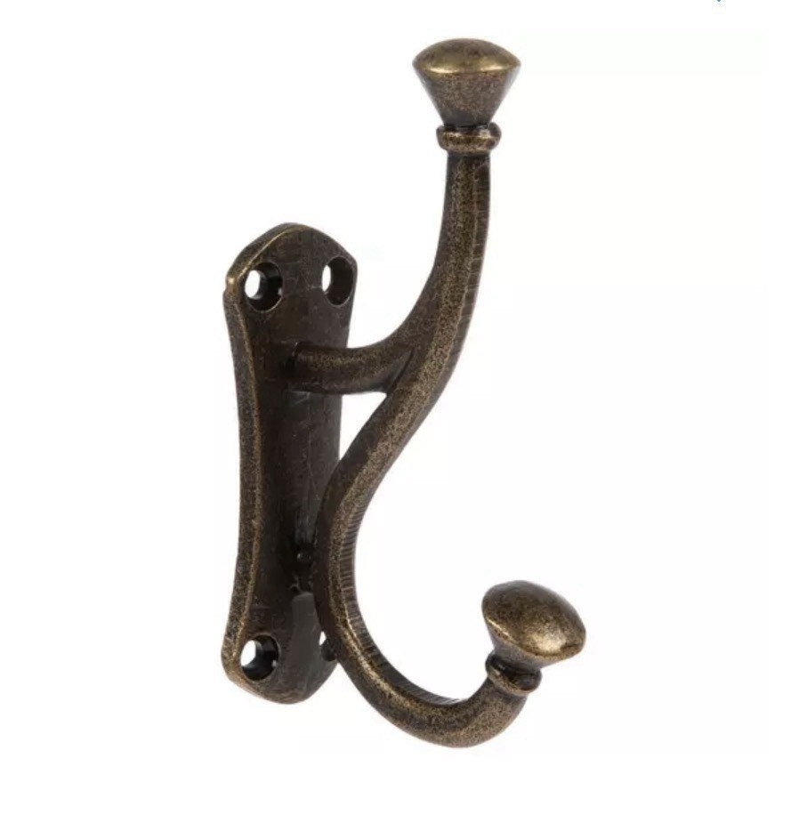 Antique Bronze Double Wall Hook Cast Iron Towel Coat Key Hanger Vintage 4 In