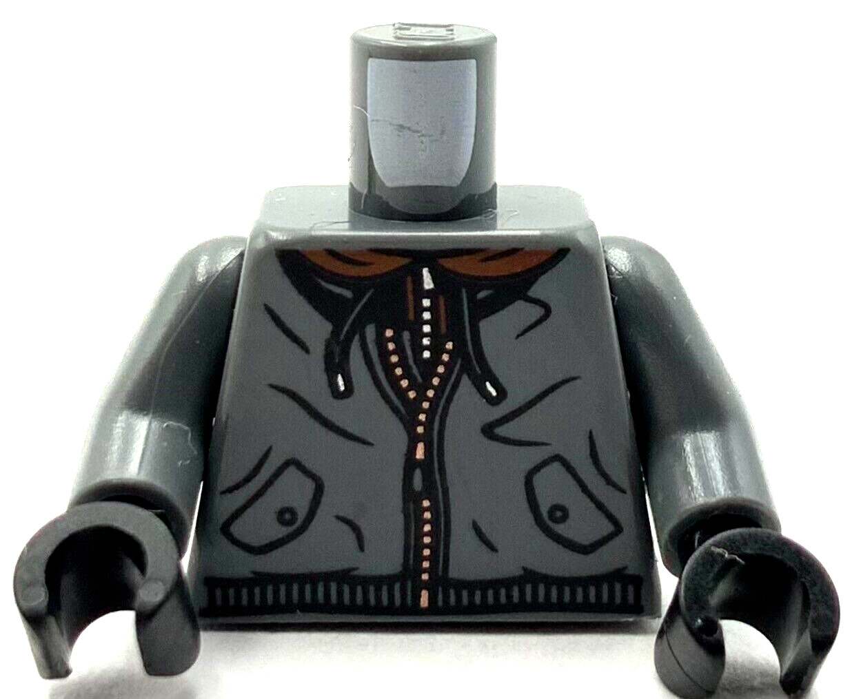 Lego New Minifig Torso Hoodie Black Hood Drawstrings Reddish Brown Collar Pieces