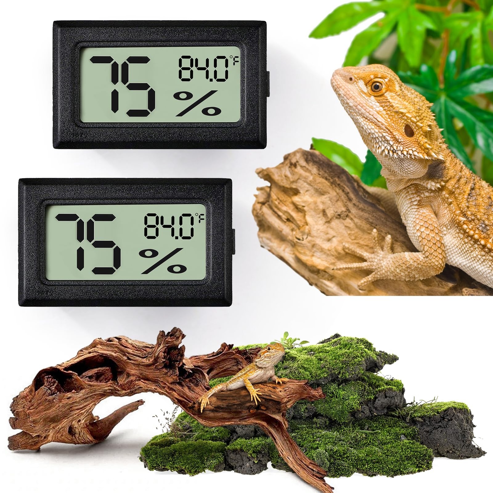 Reptile Thermometer and Humidity Gauge,2PCS Digital 2PCS Rectangular, Black