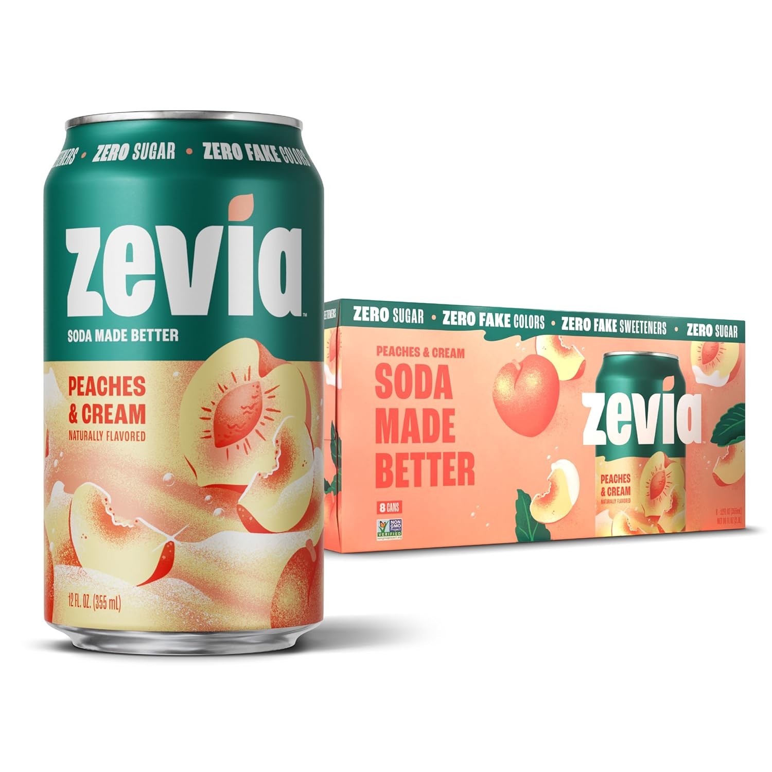 Zevia Zero Sugar Soda, Peaches and Cream, 12 oz Cans (8-Pack) – Caffeine Free,