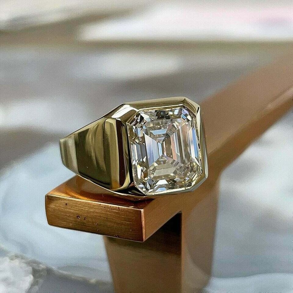 2 Ct Asscher Real Moissanite Men's Solitaire Wedding Ring 14K Yellow Gold Plated
