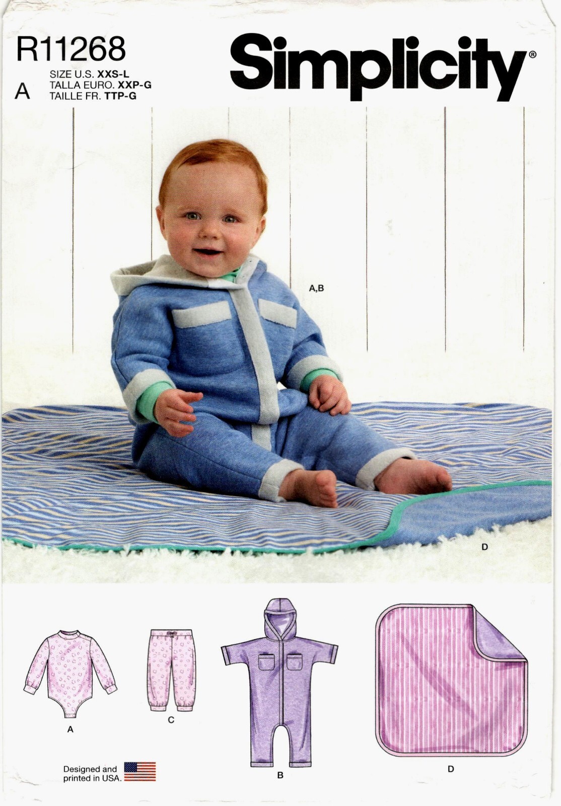 Simplicity R11268 Babies Bodysuit Jumpsuit Pants Blanket Pattern Uncut XXS-L