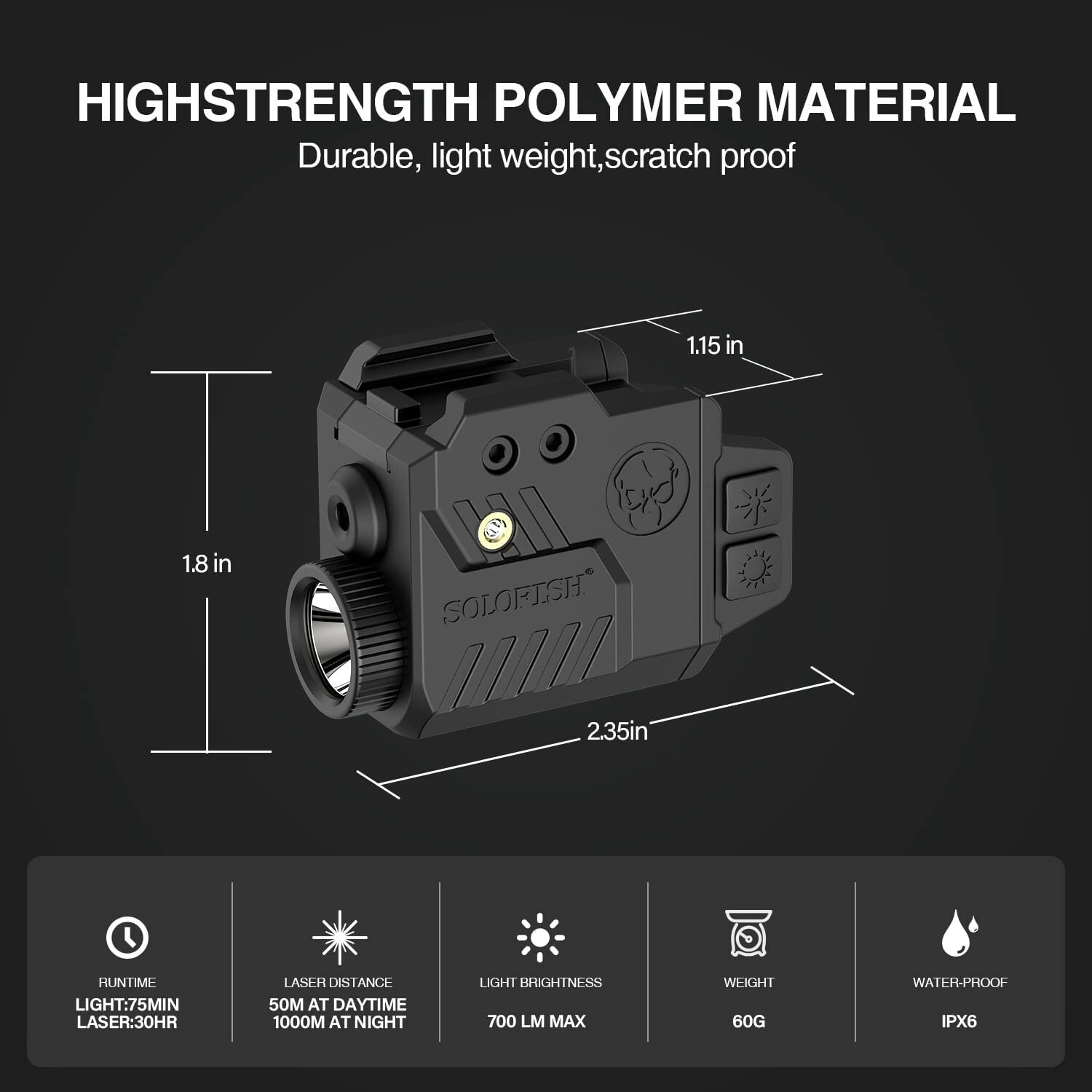 SOLOFISH Red Laser Sight Flashlight Strobe Slidable Picatinny Rail Rechargeable