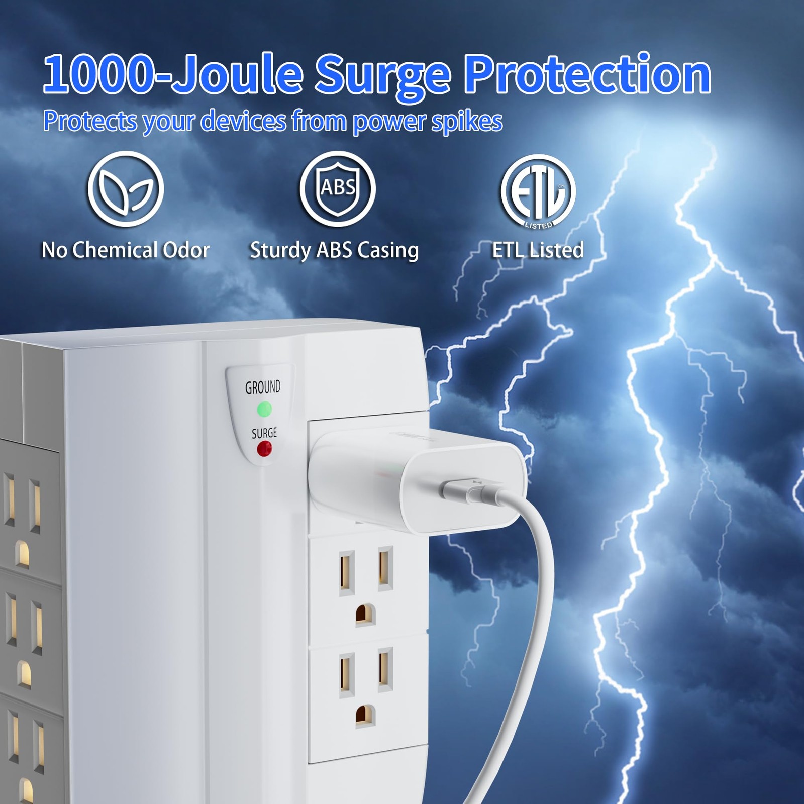 6 Outlet Extender Surge Protector Side Access Swivel Wall Tap Adapter White