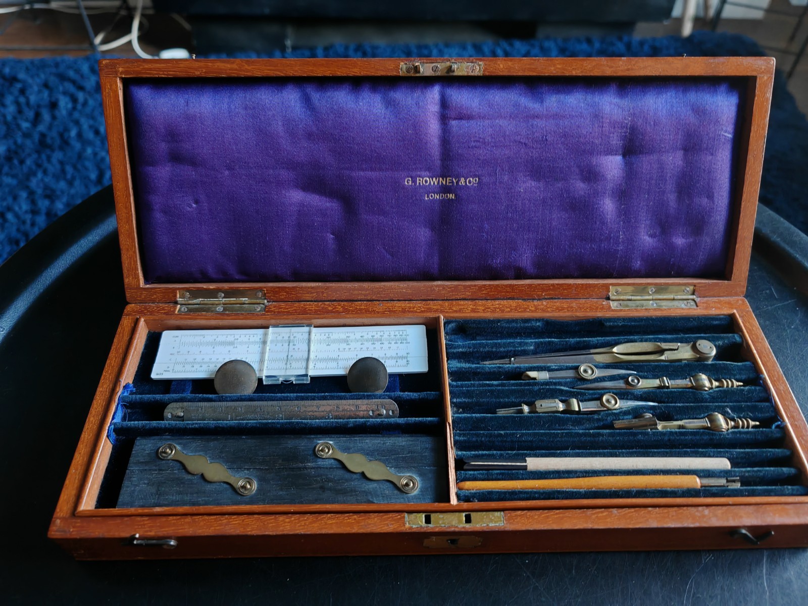 Antique G Rowney & Co Brass And Steel Draughtsman Set In Mahogany Box C 1900