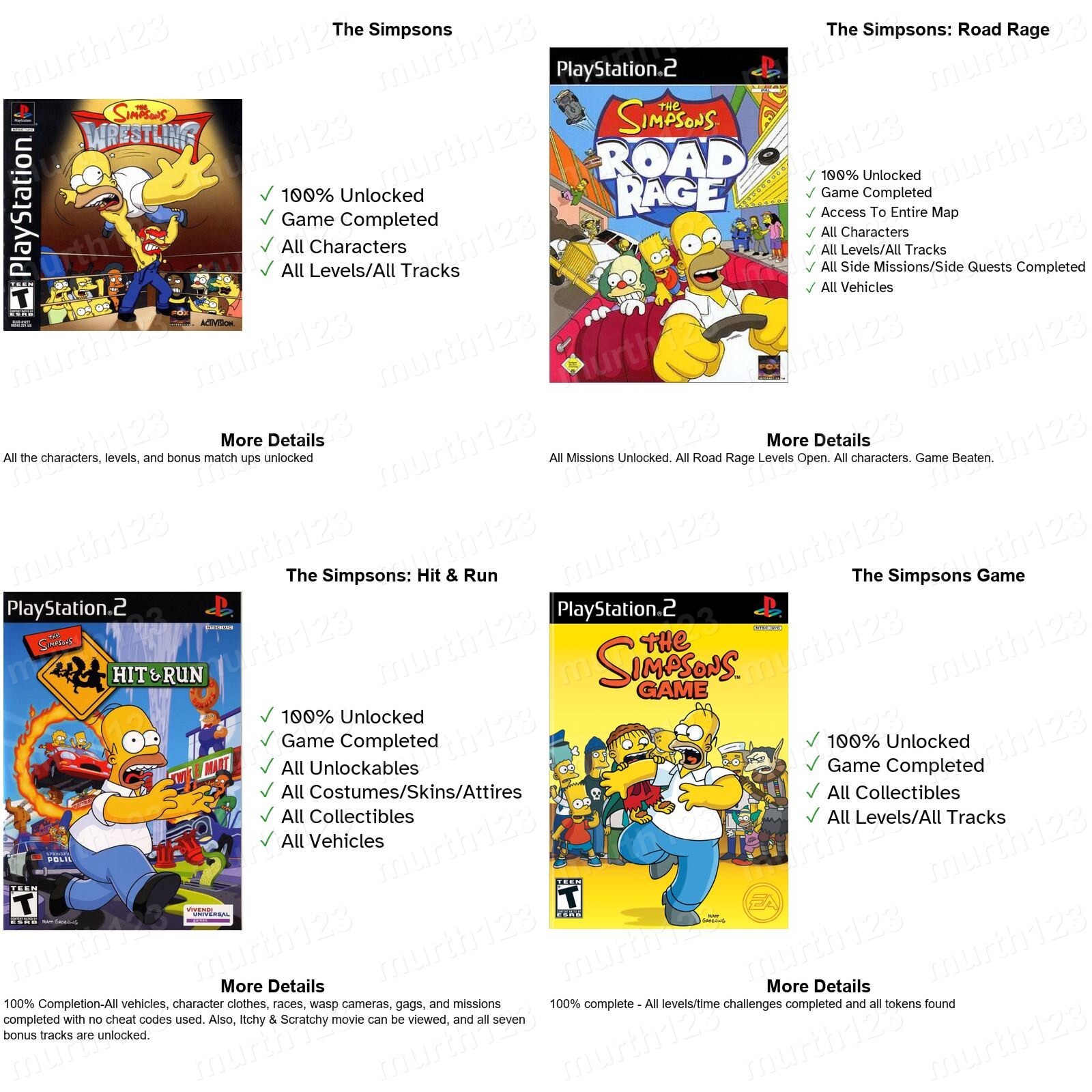 The Simpsons Hit & Run PS2 Official Memory Card Unlocked Completed Saves