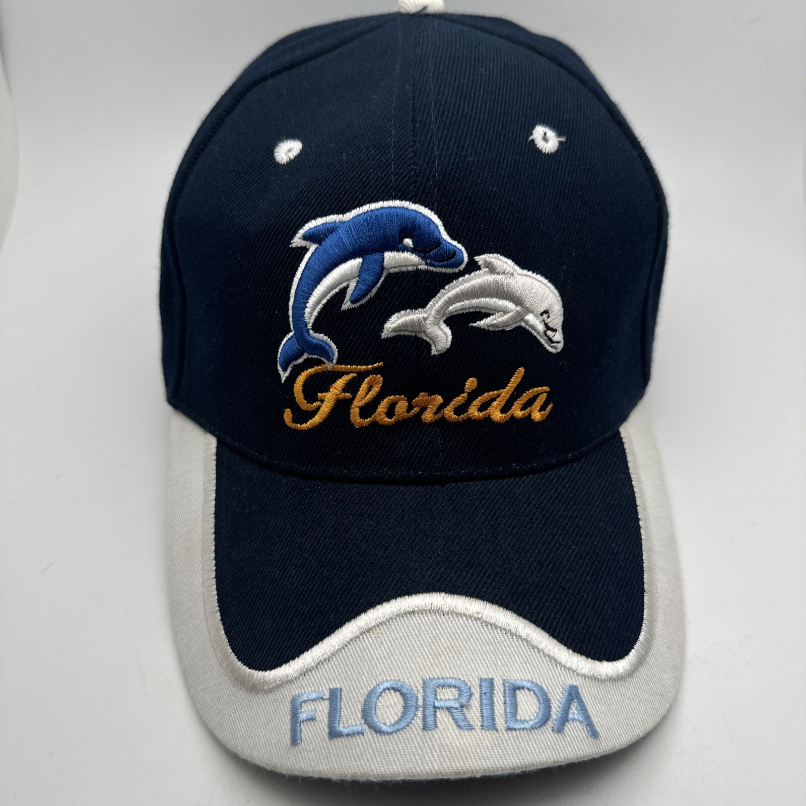 Florida Black with Embroidered Dolphins Hat Cap White on Bill Hook Loop GR68