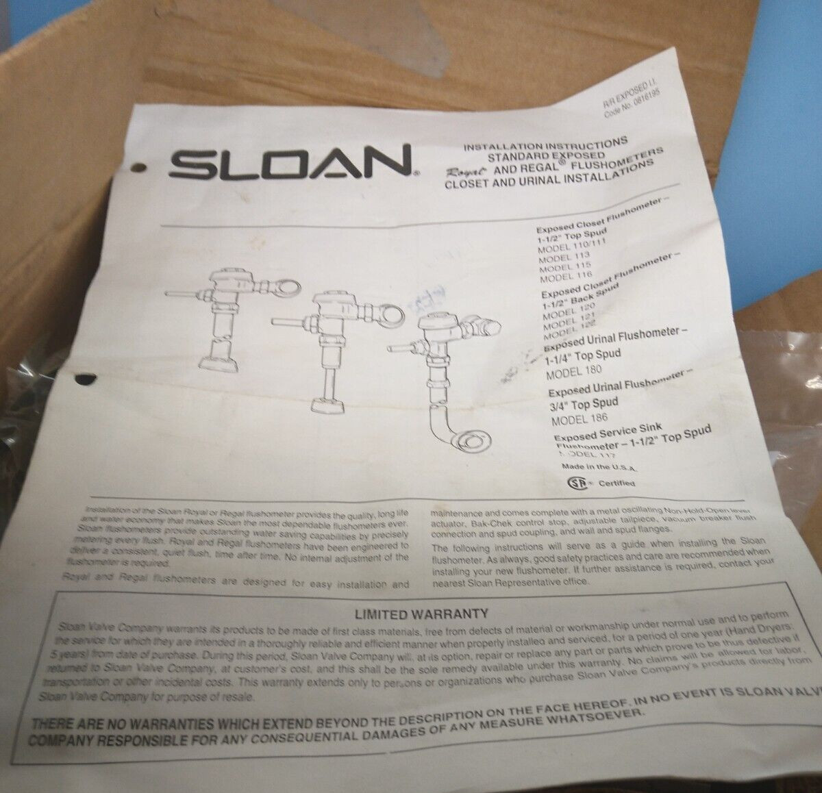 Sloan Flushometers Regal model No 112-1.5 XD code No 3080291