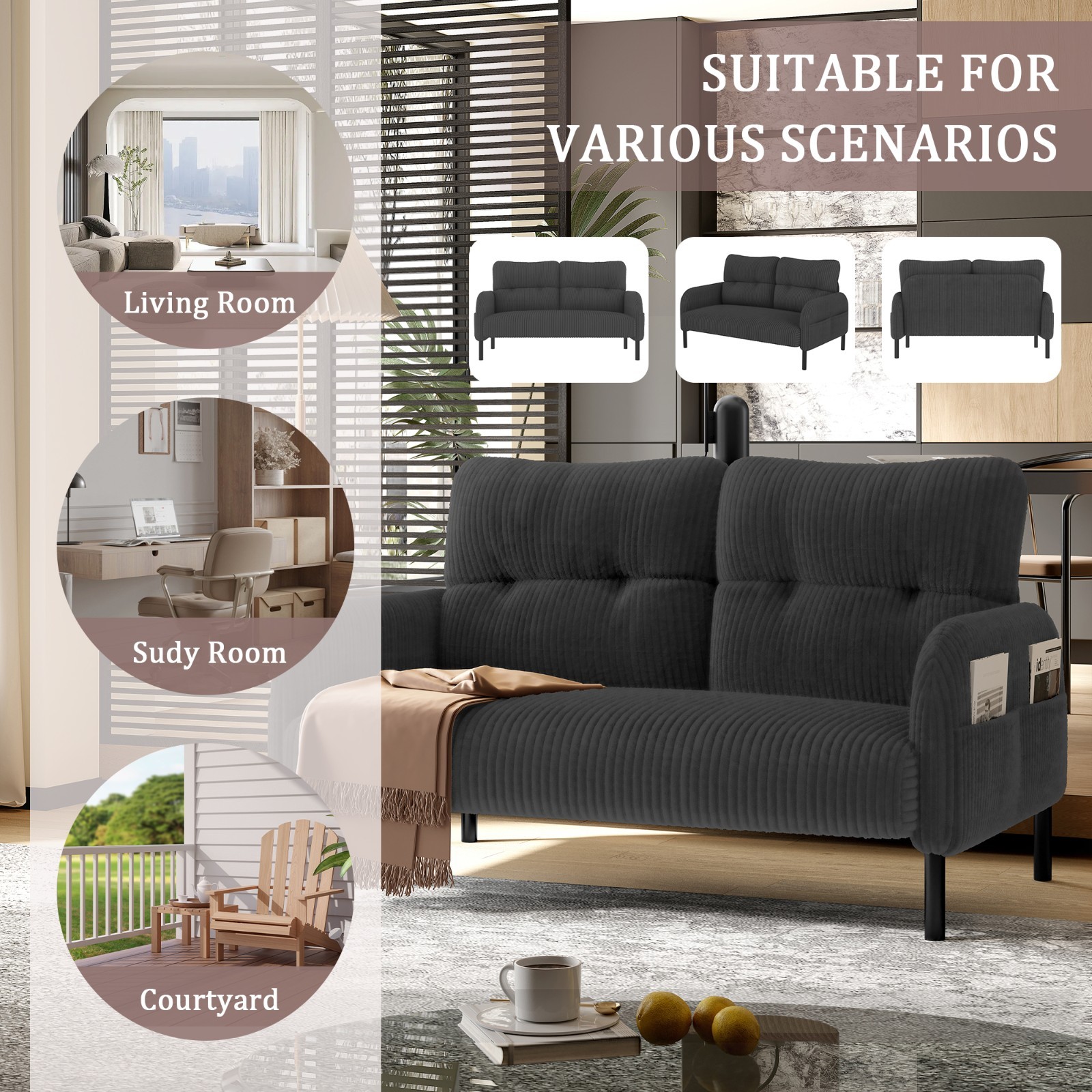 Corduroy Small Couch Loveseat Double Sofa With Side Pockets For Apartment