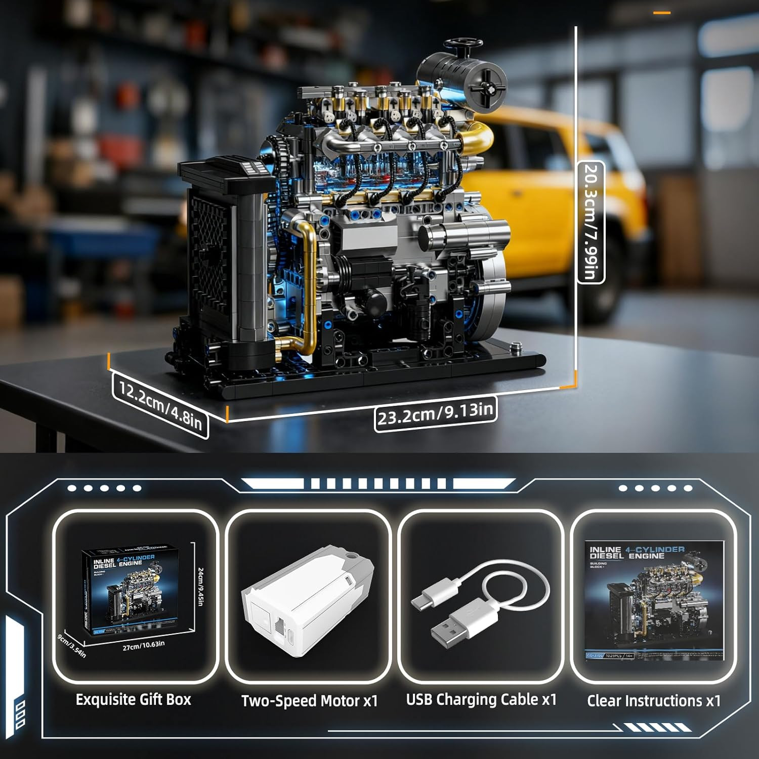 Diesel Engine Model Kit That Runs for Adults, MOC Mini Inline 4-Cylinder Diesel