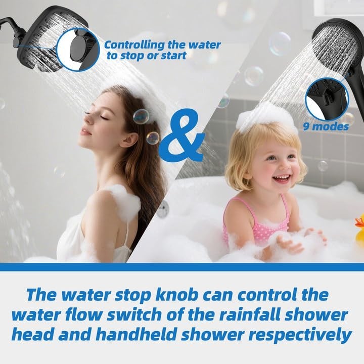 Botare Black Shower Head Handheld Spray Combo 59" Hose 9 Spray Modes