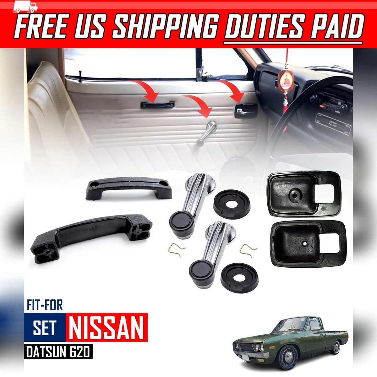 Set LR Interior Door Inner Handle Pull Crank Black For Nissan Datsun 521 620 720