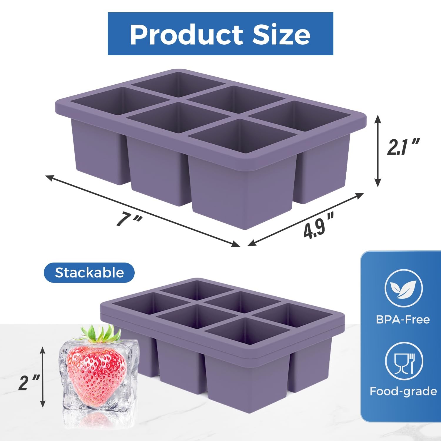 Large Silicone Ice Cube Trays with Lids, 2 Pack, Makes 2-Inch Cubes