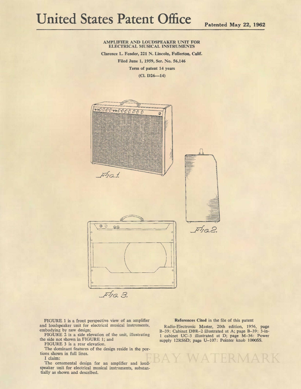 Vintage Fender Amplifier Official US Patent - Antique Guitar Amp Fender Amp -712