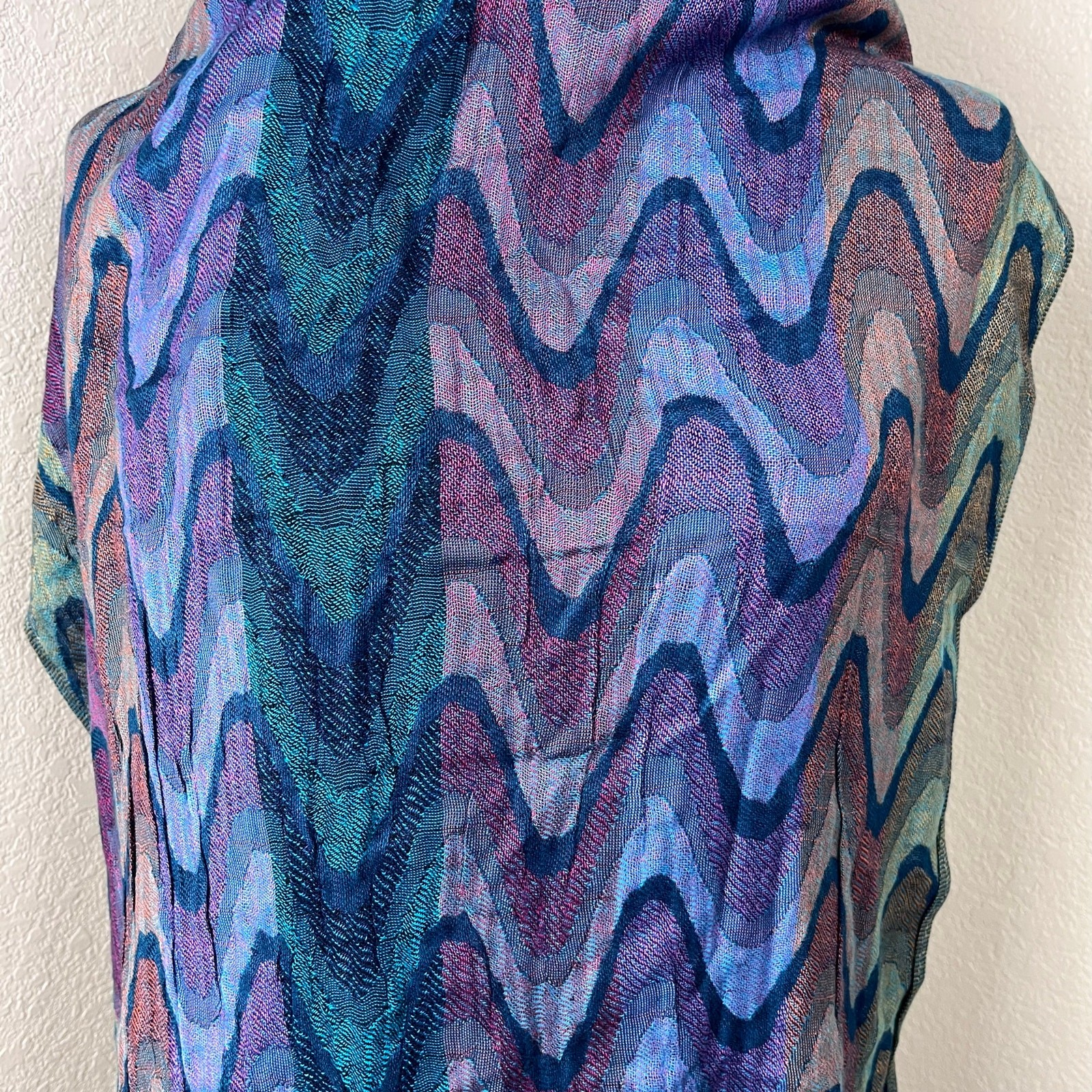 Joy Susan Sheer Scarf Colorful Blue Purple Artsy Fringe Boho Wrap Pashmina