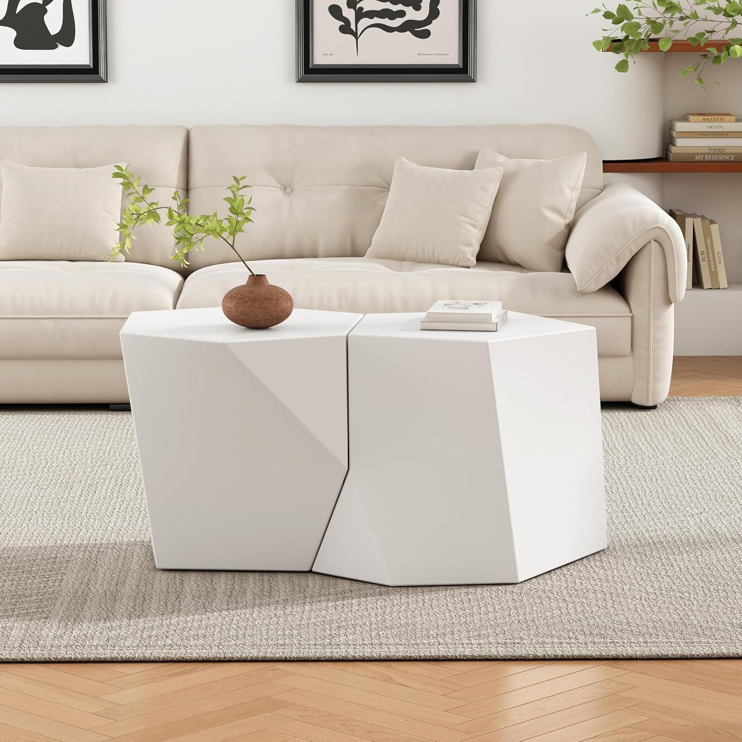 Skyles Coffee Table Set of 2, Geometric Lightweight Concrete Patio End Table, Co