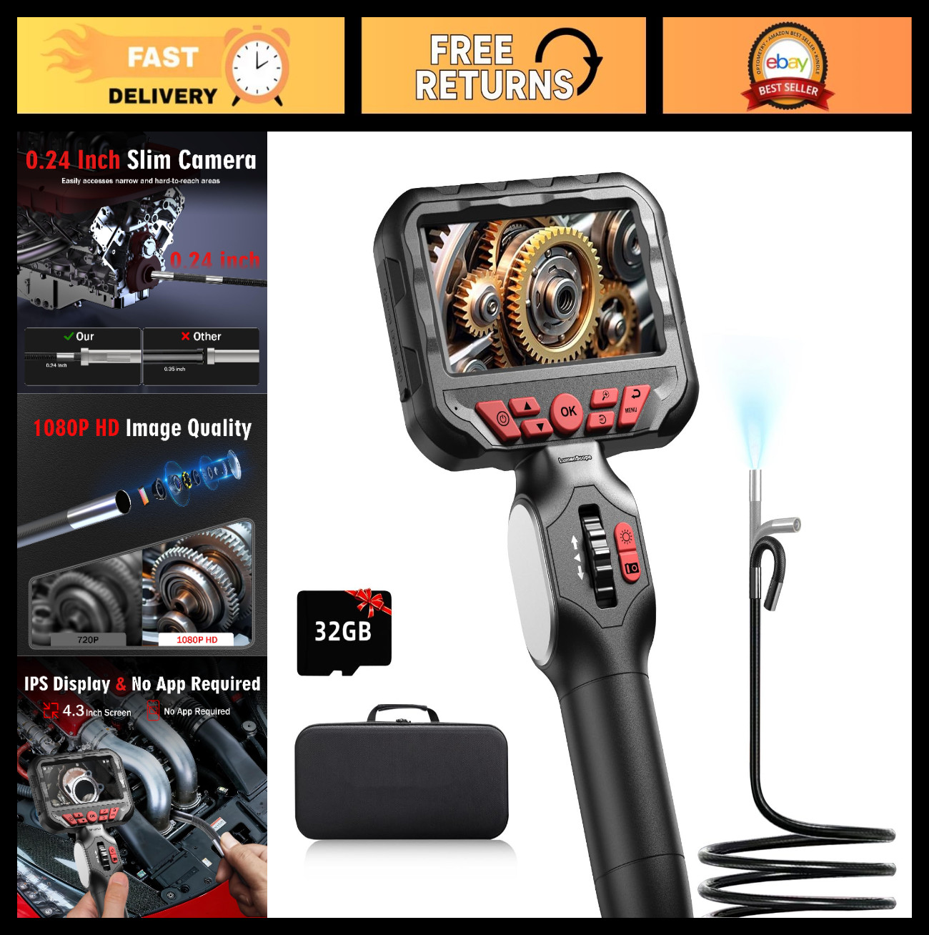 Flexible Articulating Borescope Camera with Light, 5.3FT Endoscope for Engine In