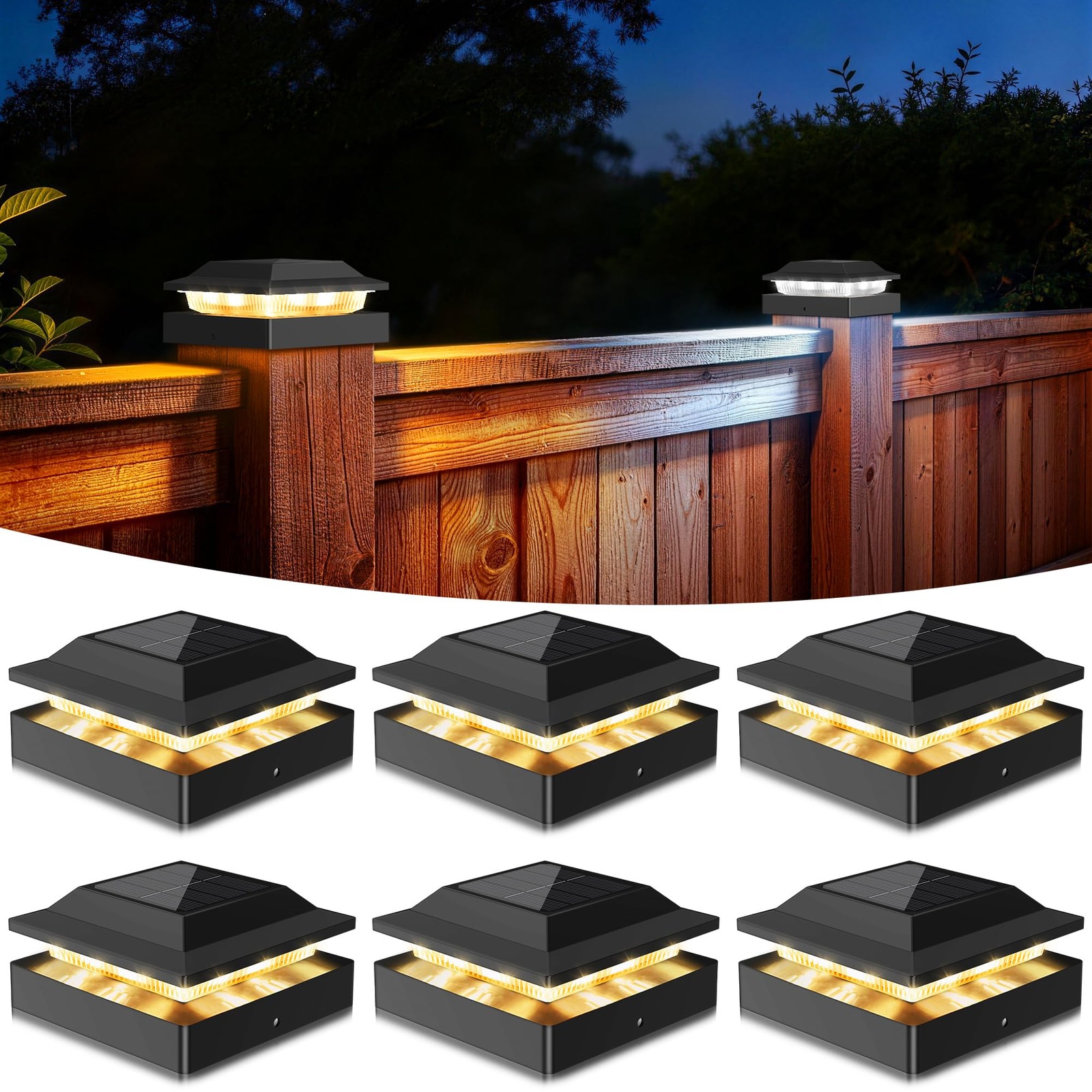 Toeuie Solar Post Cap Lights 6-Pack, IP65 Waterproof Fence 6 Pack, Black